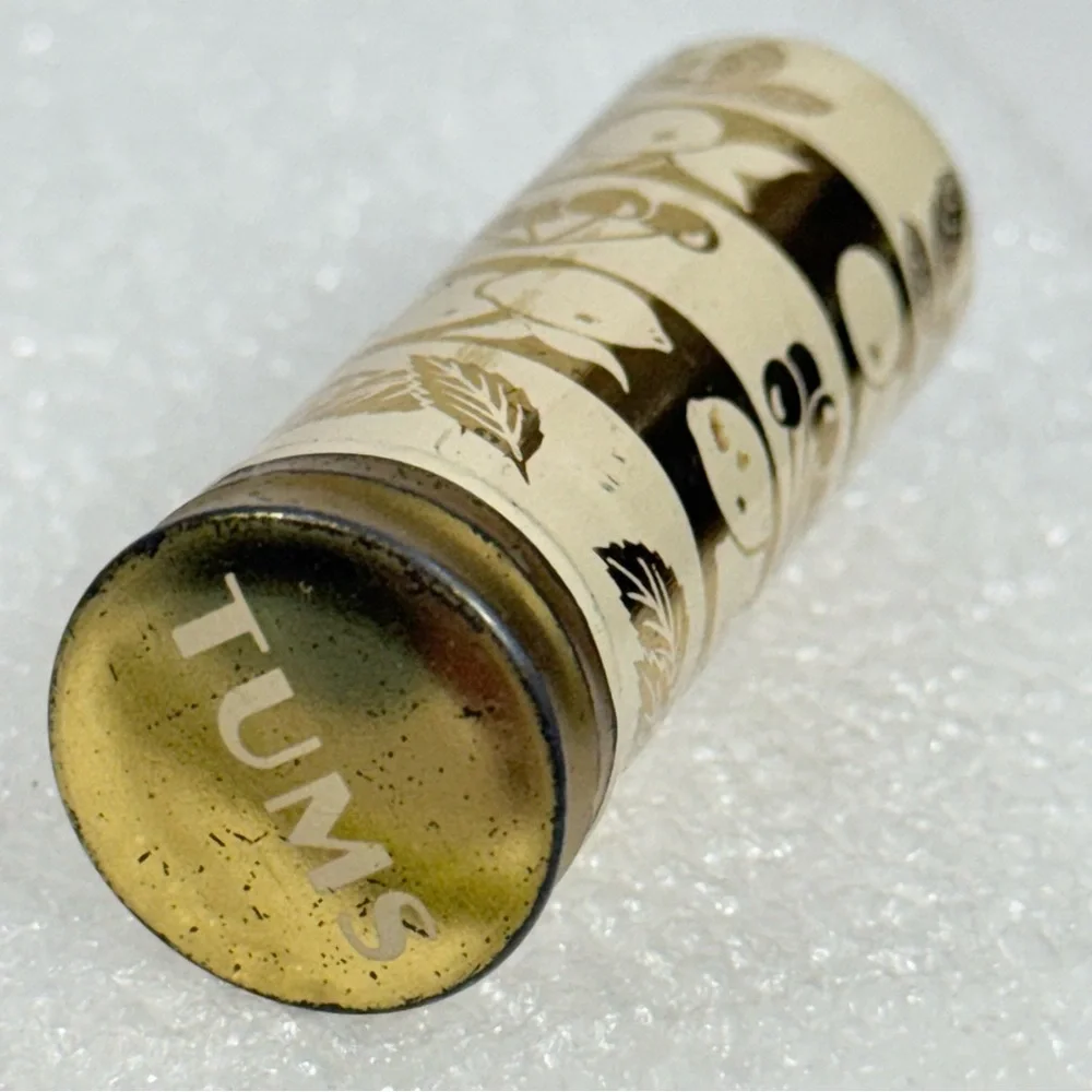 Tums Antacid Vintage Metal Pushup Pocket Travel Container Fruit Print Gld Ivory